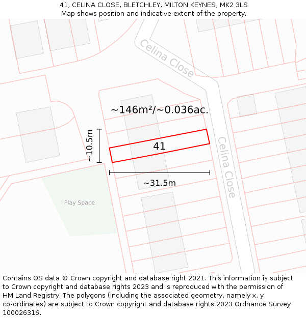 41, CELINA CLOSE, BLETCHLEY, MILTON KEYNES, MK2 3LS: Plot and title map