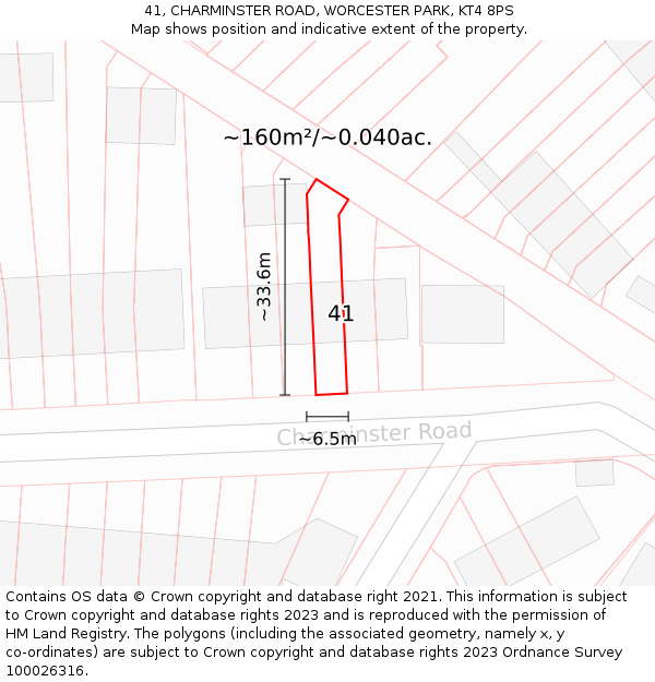 41, CHARMINSTER ROAD, WORCESTER PARK, KT4 8PS: Plot and title map