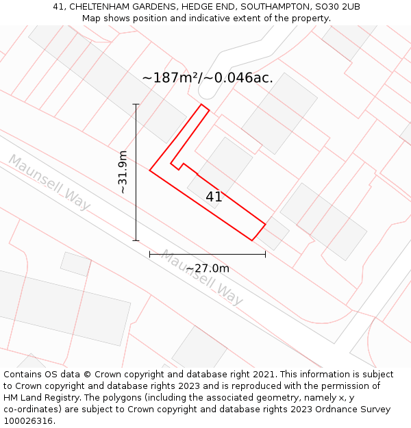 41, CHELTENHAM GARDENS, HEDGE END, SOUTHAMPTON, SO30 2UB: Plot and title map