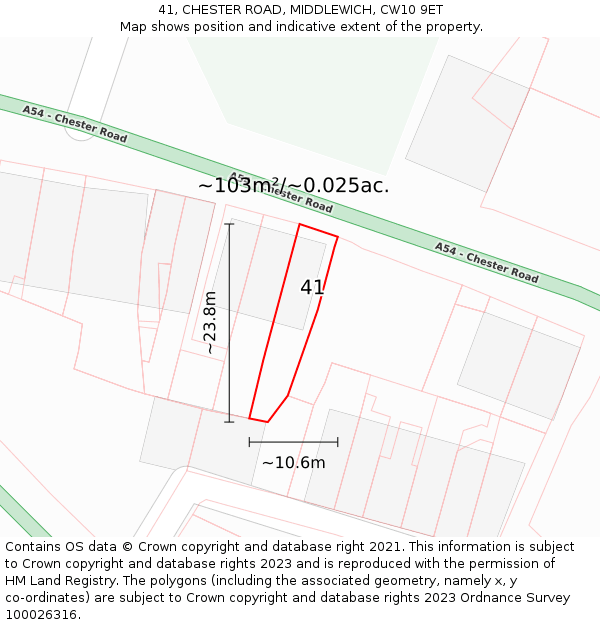 41, CHESTER ROAD, MIDDLEWICH, CW10 9ET: Plot and title map