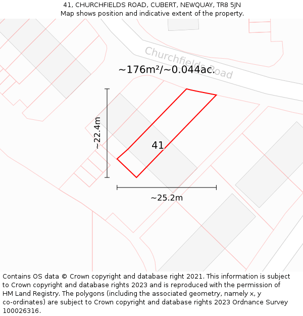 41, CHURCHFIELDS ROAD, CUBERT, NEWQUAY, TR8 5JN: Plot and title map