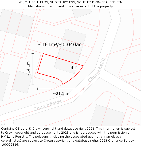 41, CHURCHFIELDS, SHOEBURYNESS, SOUTHEND-ON-SEA, SS3 8TN: Plot and title map