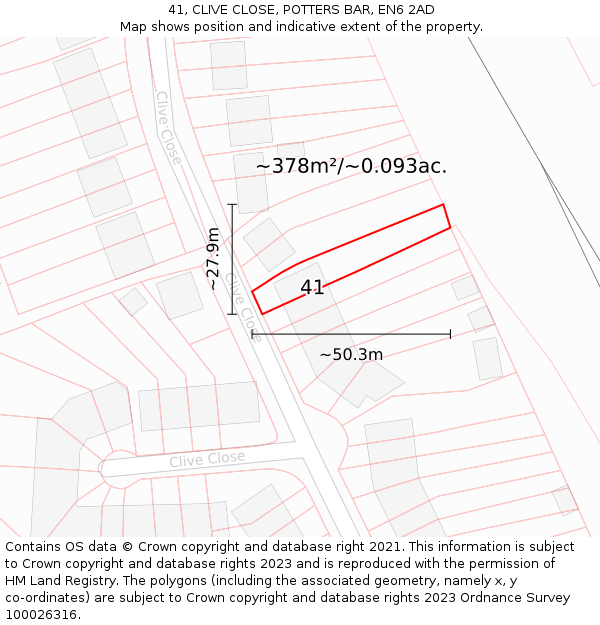 41, CLIVE CLOSE, POTTERS BAR, EN6 2AD: Plot and title map