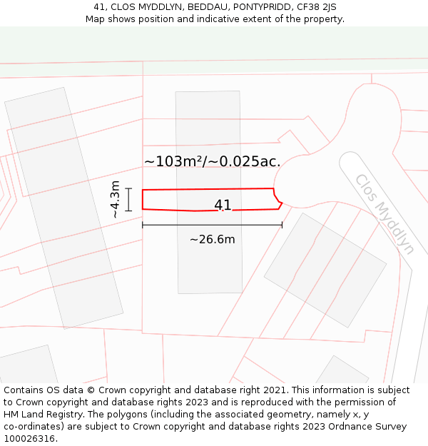 41, CLOS MYDDLYN, BEDDAU, PONTYPRIDD, CF38 2JS: Plot and title map
