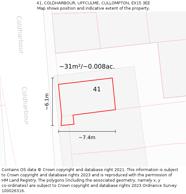 41, COLDHARBOUR, UFFCULME, CULLOMPTON, EX15 3EE: Plot and title map
