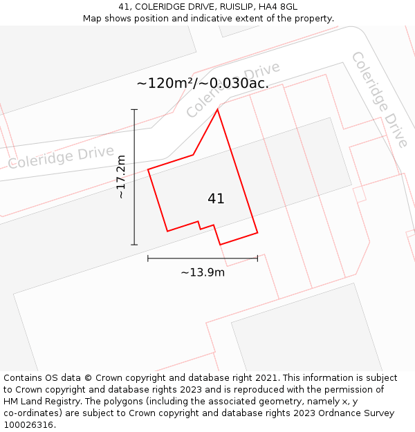 41, COLERIDGE DRIVE, RUISLIP, HA4 8GL: Plot and title map