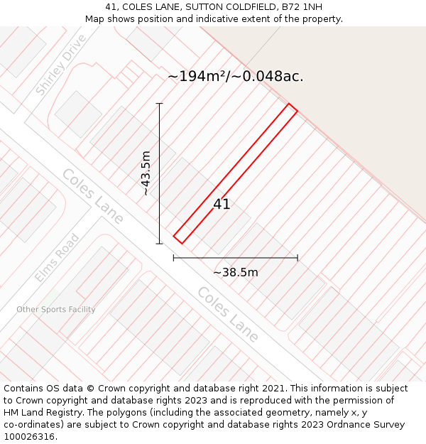 41, COLES LANE, SUTTON COLDFIELD, B72 1NH: Plot and title map