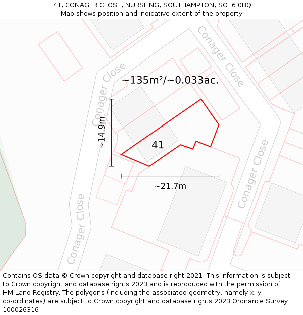 41, CONAGER CLOSE, NURSLING, SOUTHAMPTON, SO16 0BQ: Plot and title map
