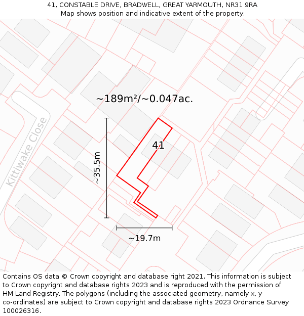 41, CONSTABLE DRIVE, BRADWELL, GREAT YARMOUTH, NR31 9RA: Plot and title map