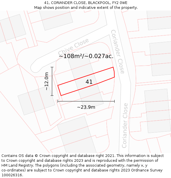 41, CORIANDER CLOSE, BLACKPOOL, FY2 0WE: Plot and title map