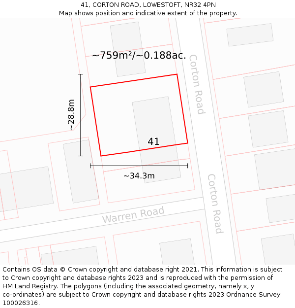 41, CORTON ROAD, LOWESTOFT, NR32 4PN: Plot and title map