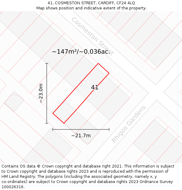 41, COSMESTON STREET, CARDIFF, CF24 4LQ: Plot and title map