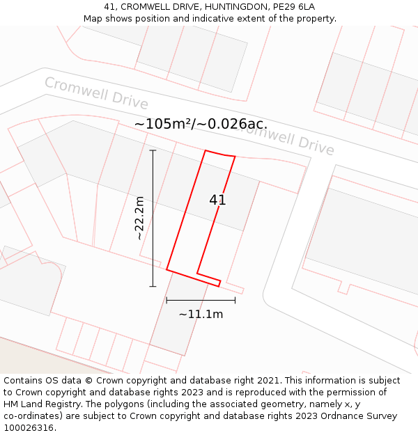 41, CROMWELL DRIVE, HUNTINGDON, PE29 6LA: Plot and title map