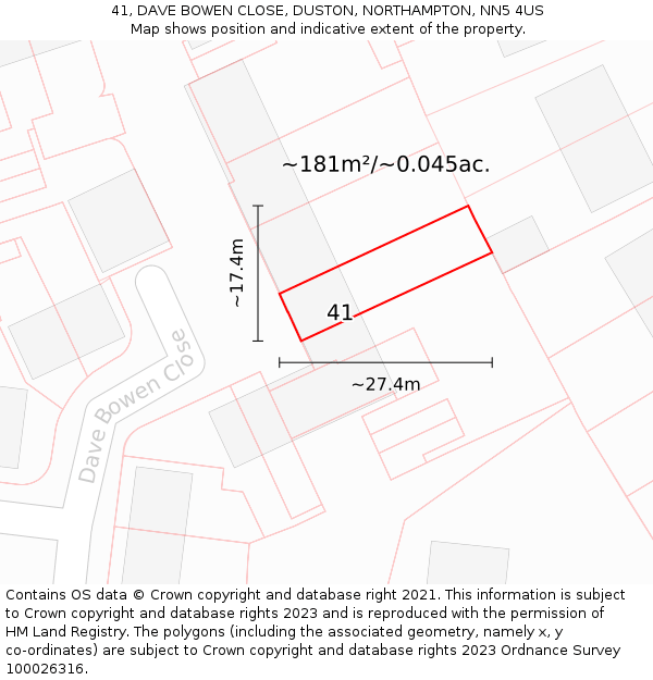 41, DAVE BOWEN CLOSE, DUSTON, NORTHAMPTON, NN5 4US: Plot and title map
