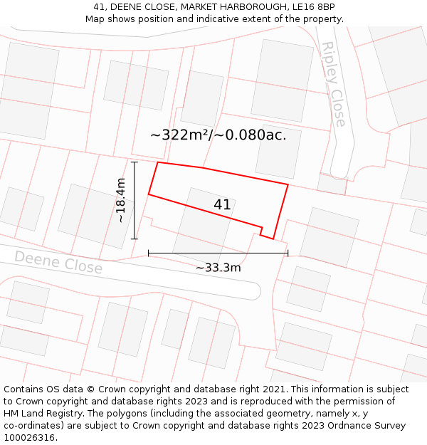 41, DEENE CLOSE, MARKET HARBOROUGH, LE16 8BP: Plot and title map