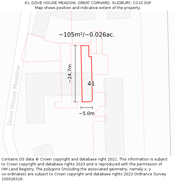 41, DOVE HOUSE MEADOW, GREAT CORNARD, SUDBURY, CO10 0GF: Plot and title map