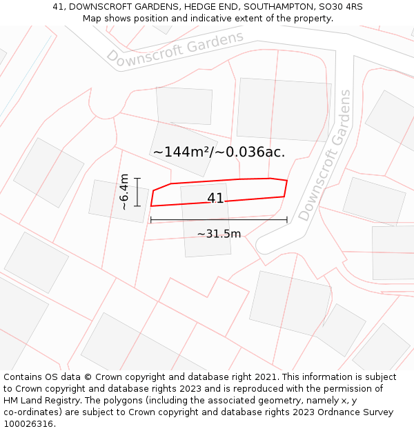 41, DOWNSCROFT GARDENS, HEDGE END, SOUTHAMPTON, SO30 4RS: Plot and title map
