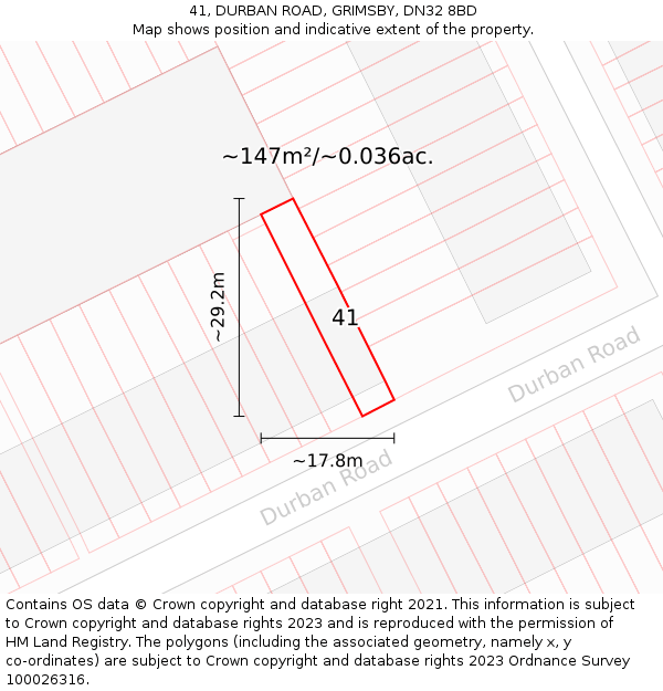 41, DURBAN ROAD, GRIMSBY, DN32 8BD: Plot and title map