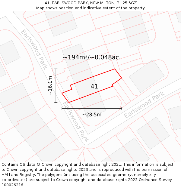 41, EARLSWOOD PARK, NEW MILTON, BH25 5GZ: Plot and title map