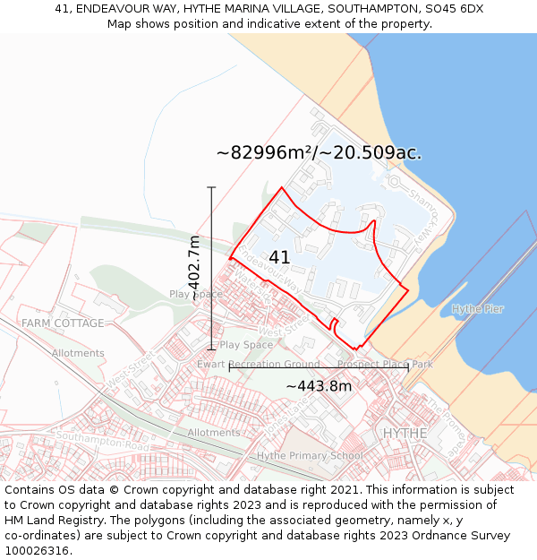 41, ENDEAVOUR WAY, HYTHE MARINA VILLAGE, SOUTHAMPTON, SO45 6DX: Plot and title map