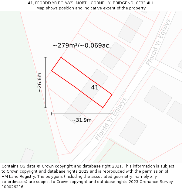 41, FFORDD YR EGLWYS, NORTH CORNELLY, BRIDGEND, CF33 4HL: Plot and title map