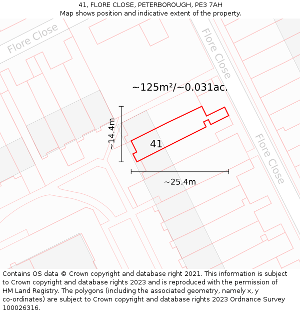 41, FLORE CLOSE, PETERBOROUGH, PE3 7AH: Plot and title map