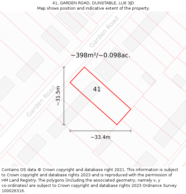 41, GARDEN ROAD, DUNSTABLE, LU6 3JD: Plot and title map