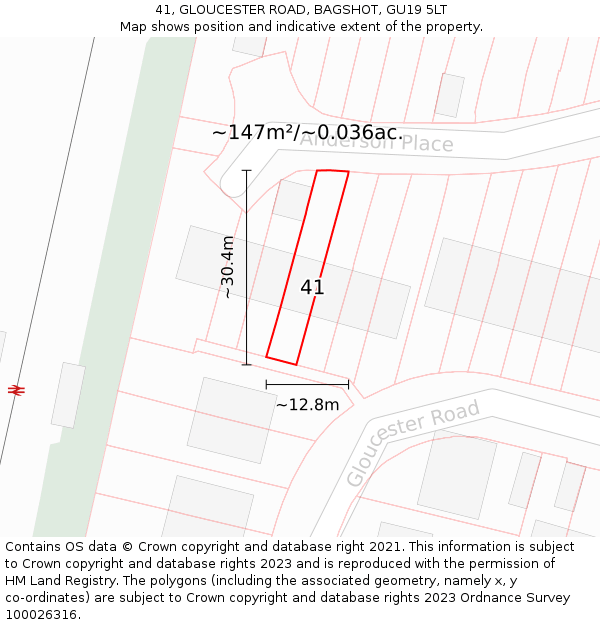 41, GLOUCESTER ROAD, BAGSHOT, GU19 5LT: Plot and title map