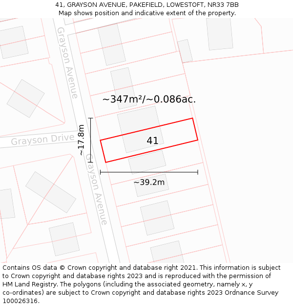41, GRAYSON AVENUE, PAKEFIELD, LOWESTOFT, NR33 7BB: Plot and title map