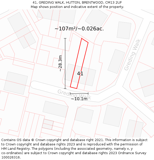 41, GREDING WALK, HUTTON, BRENTWOOD, CM13 2UF: Plot and title map