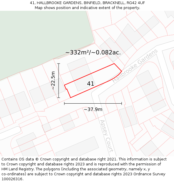 41, HALLBROOKE GARDENS, BINFIELD, BRACKNELL, RG42 4UF: Plot and title map