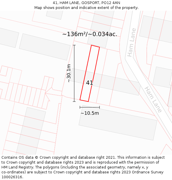41, HAM LANE, GOSPORT, PO12 4AN: Plot and title map