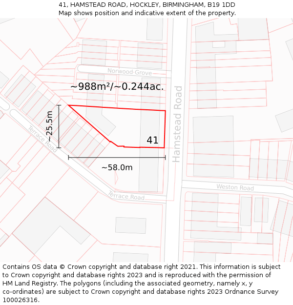41, HAMSTEAD ROAD, HOCKLEY, BIRMINGHAM, B19 1DD: Plot and title map