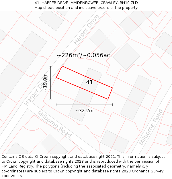 41, HARPER DRIVE, MAIDENBOWER, CRAWLEY, RH10 7LD: Plot and title map