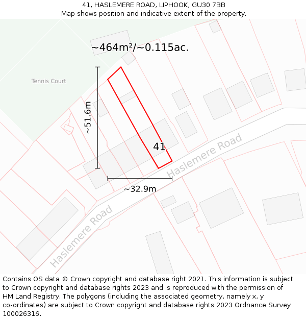 41, HASLEMERE ROAD, LIPHOOK, GU30 7BB: Plot and title map