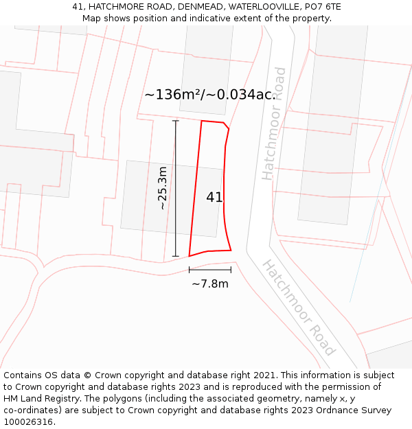 41, HATCHMORE ROAD, DENMEAD, WATERLOOVILLE, PO7 6TE: Plot and title map