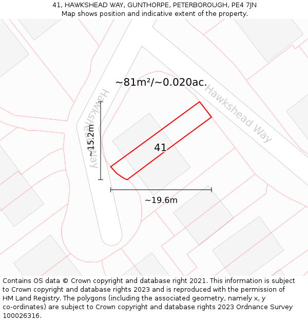 41, HAWKSHEAD WAY, GUNTHORPE, PETERBOROUGH, PE4 7JN: Plot and title map