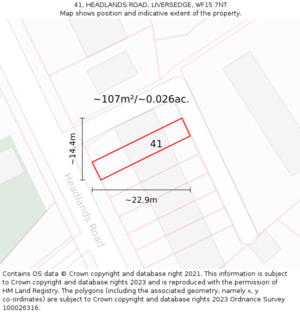41, HEADLANDS ROAD, LIVERSEDGE, WF15 7NT: Plot and title map