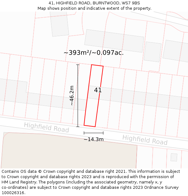 41, HIGHFIELD ROAD, BURNTWOOD, WS7 9BS: Plot and title map