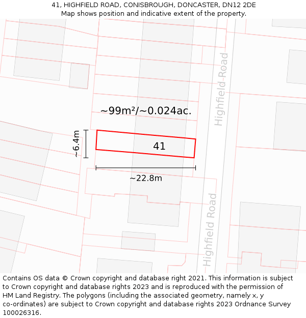 41, HIGHFIELD ROAD, CONISBROUGH, DONCASTER, DN12 2DE: Plot and title map