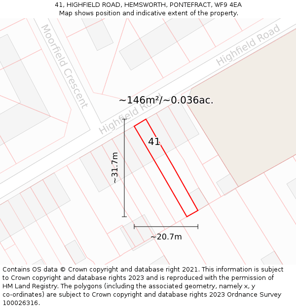 41, HIGHFIELD ROAD, HEMSWORTH, PONTEFRACT, WF9 4EA: Plot and title map