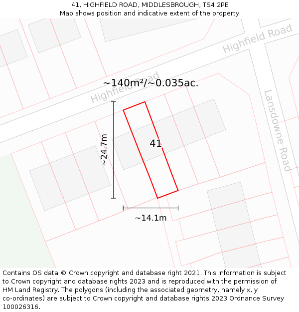 41, HIGHFIELD ROAD, MIDDLESBROUGH, TS4 2PE: Plot and title map