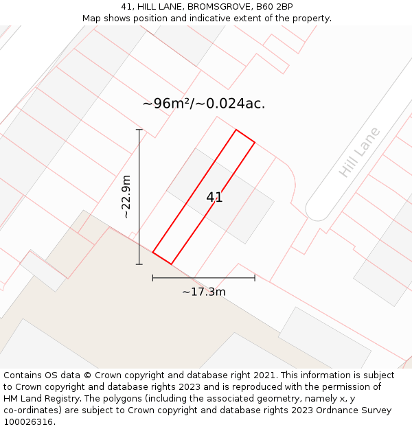 41, HILL LANE, BROMSGROVE, B60 2BP: Plot and title map