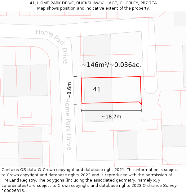 41, HOME PARK DRIVE, BUCKSHAW VILLAGE, CHORLEY, PR7 7EA: Plot and title map
