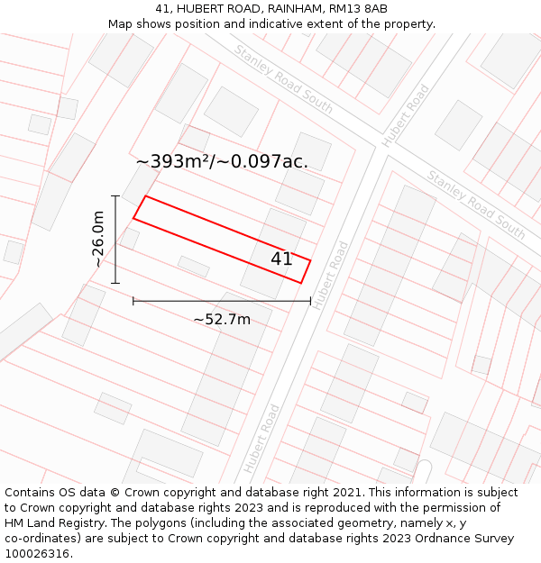 41, HUBERT ROAD, RAINHAM, RM13 8AB: Plot and title map