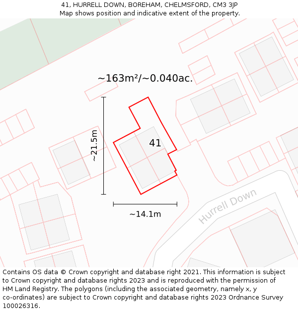 41, HURRELL DOWN, BOREHAM, CHELMSFORD, CM3 3JP: Plot and title map