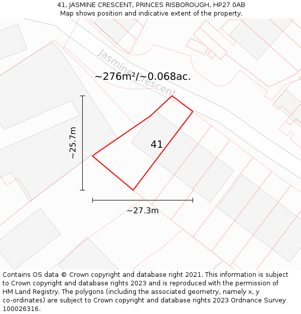 41, JASMINE CRESCENT, PRINCES RISBOROUGH, HP27 0AB: Plot and title map
