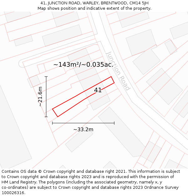 41, JUNCTION ROAD, WARLEY, BRENTWOOD, CM14 5JH: Plot and title map