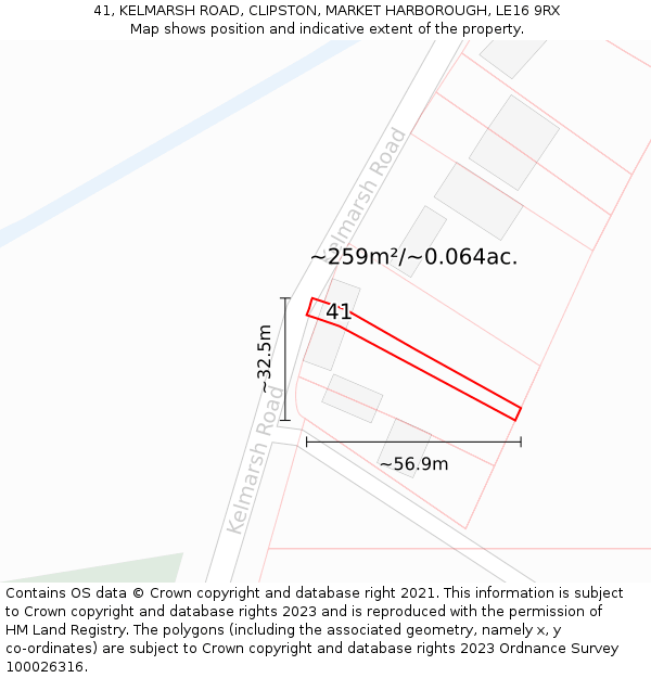 41, KELMARSH ROAD, CLIPSTON, MARKET HARBOROUGH, LE16 9RX: Plot and title map