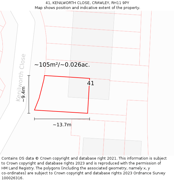 41, KENILWORTH CLOSE, CRAWLEY, RH11 9PY: Plot and title map